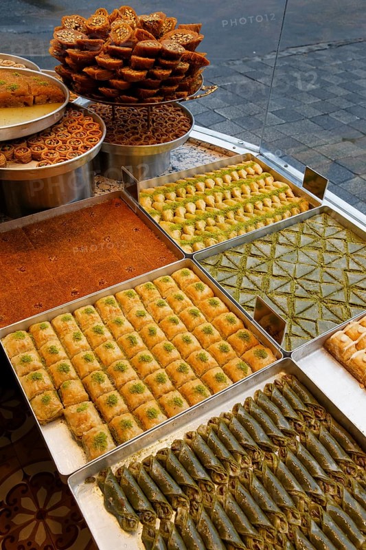 Baklava and other Turkish sweets in the shop window of Hafiz Mustafa