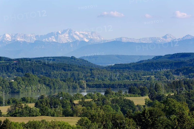 View from Reichling over the Lech River towards Zugspitze Mountain