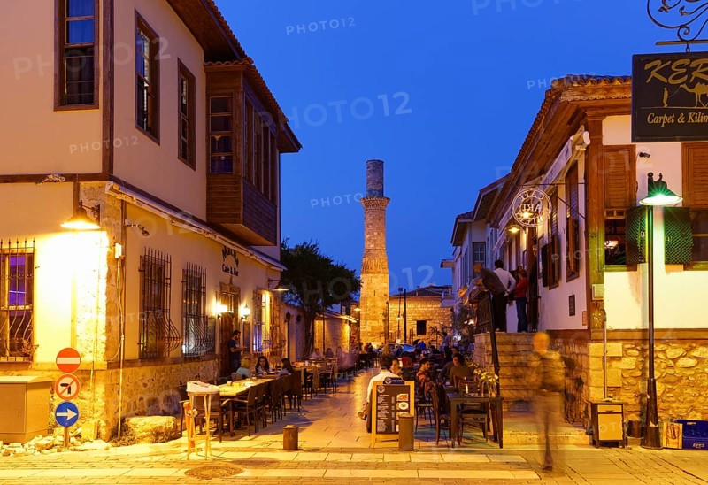 Hesapci Sokak lane in the old town with Kesik Minare or Broken Minaret