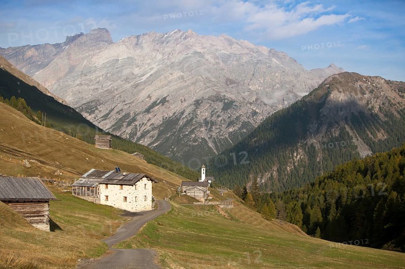 Houses in the high mountain valley of Val Federia