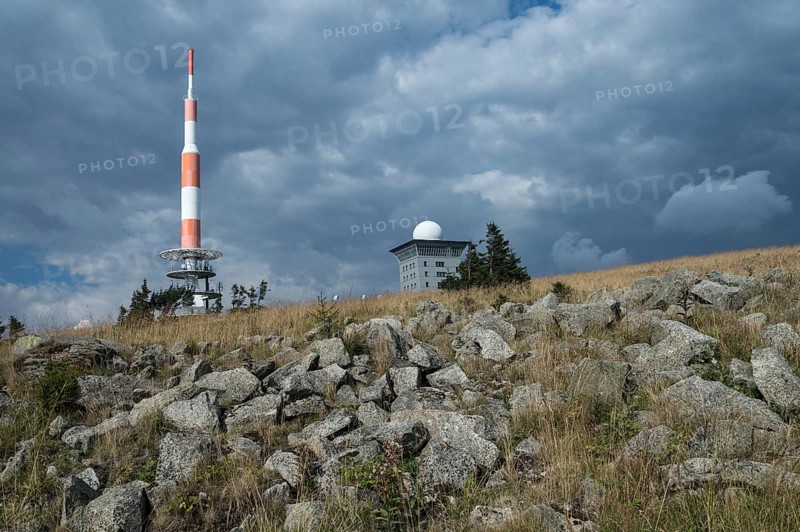 Transmission tower and Brockenhotel on the summit plateau of Mt Brocken