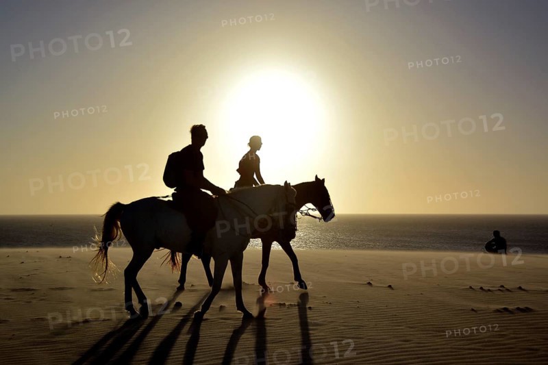 Two riders on horseback on the beach