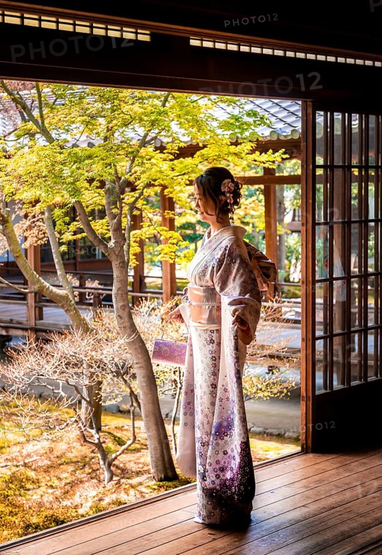 Japanese woman dressed with kimono in the courtyard of O-shoin