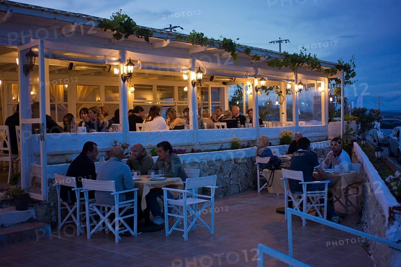 A fish restaurant in the evening