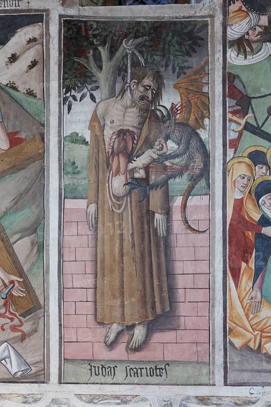 Wall painting 'Judas Iscariot' in the pilgrimage chapel Sanctuaire Notre-Dame des Fontaines