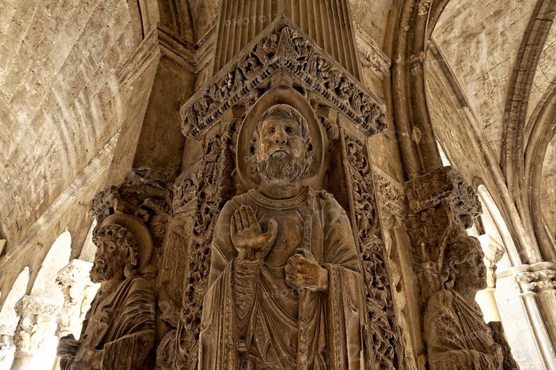 Cornerstone with statues of St. Trophimus in the cloister