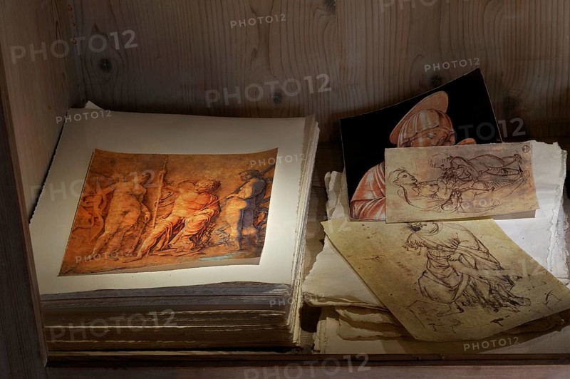 Copies of prints and drawings by Albrecht Duerer in a display case