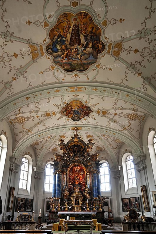 Altar room with a vaulted ceiling of the Parish Church and Pilgrimage Church of the Assumption of Mary