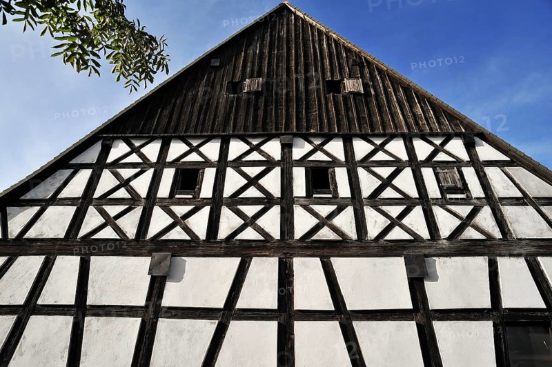 Facade of an old Franconian half-timbered barn