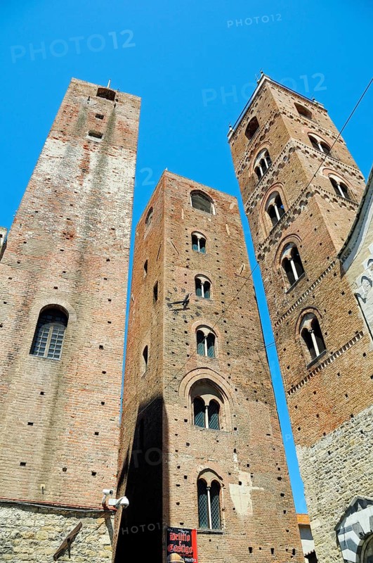 Bell tower of San Michele Cathedral and the towers of Torre del Comune and Torre del Municipio