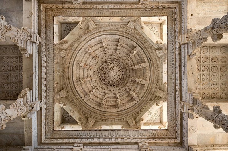 Interior hall with ornate pillars and ceilings in the marble temple