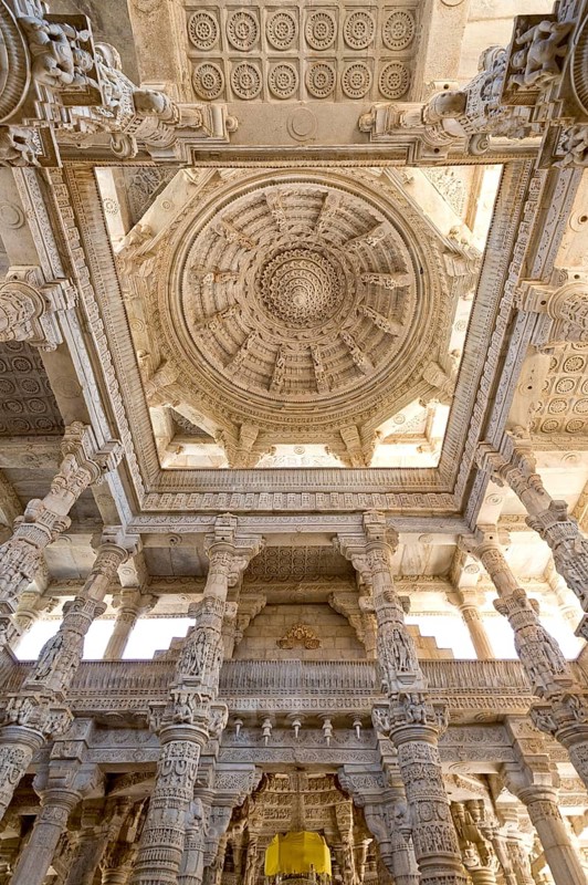 Interior hall with ornate pillars and ceilings in the marble temple