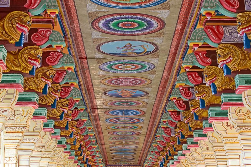 Colourfully painted pillars and ceiling