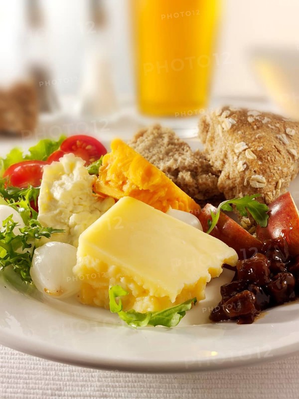 Traditional Ploughman's lunch with Cheddar and Lancashire cheese