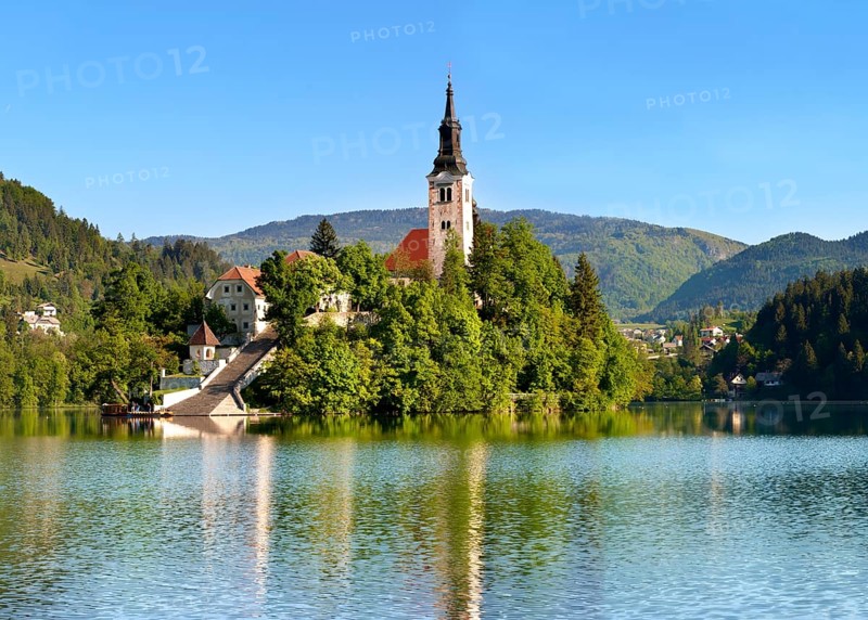 Cerkev Marijinega vnebovzetja or Assumption Church on Bled Island in the middle of Lake Bled