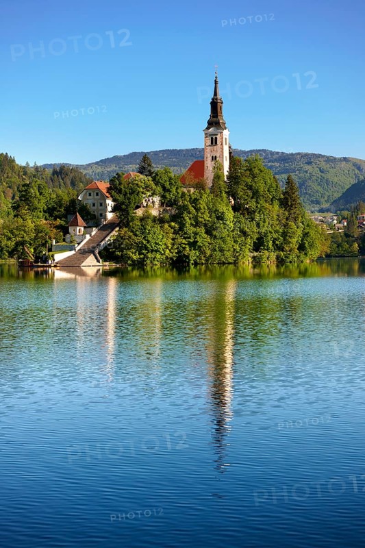 Cerkev Marijinega vnebovzetja or Assumption Church on Bled Island in the middle of Lake Bled