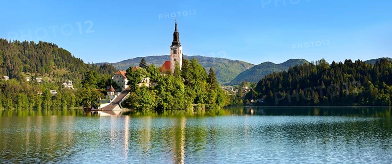 Cerkev Marijinega vnebovzetja or Assumption Church on Bled Island in the middle of Lake Bled
