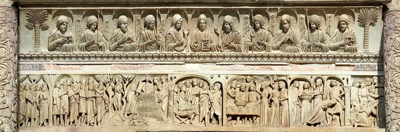 Medieval sculptural reliefs on the door of the Baptistry of St. John