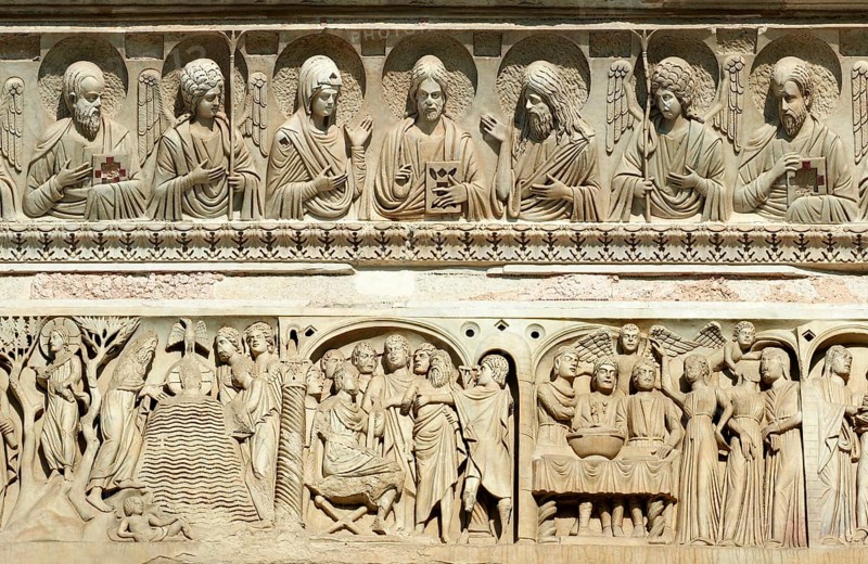 Medieval sculptural reliefs on the door of the Baptistry of St. John