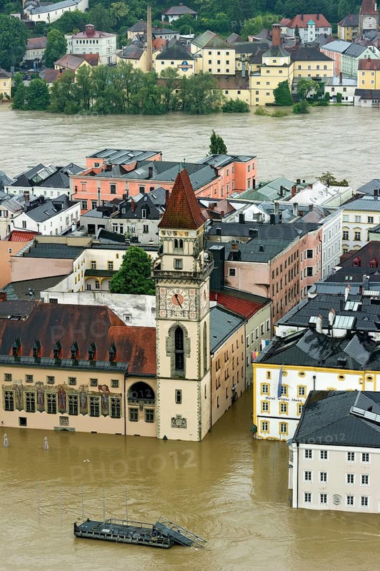 Historic town centre with the Town Hall and Hotel Wilder Mann during the flood on 3rd June 2013