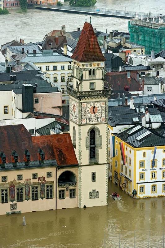 Historic town centre with the Town Hall and Hotel Wilder Mann during the flood on 3rd June 2013