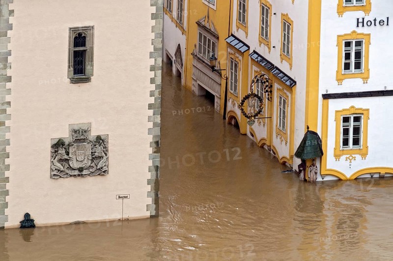 Town Hall with the flood water exceeding the historical flood level marker during the flood on 3rd June 2013