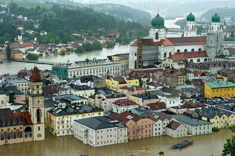 Historic town centre with the Town Hall and St. Stephen's Cathedral during the flood on 3rd June 2013