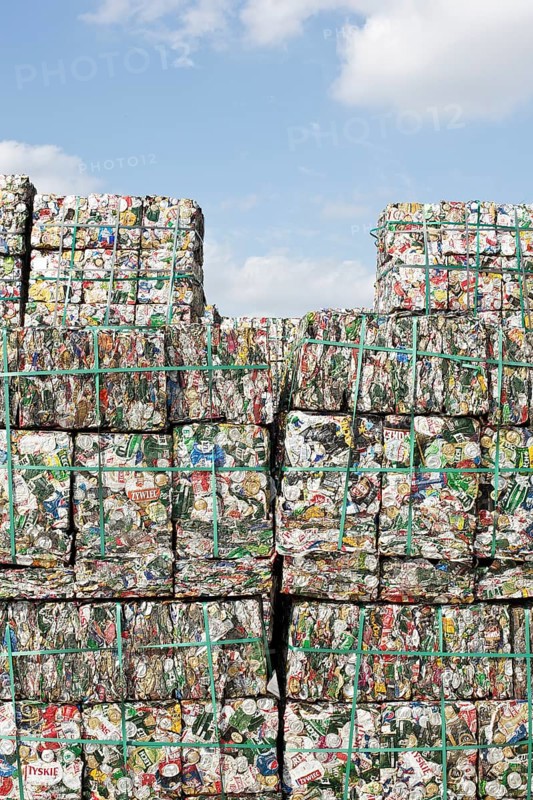 Stacks of crushed aluminium cans