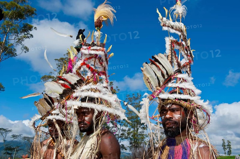 Members of a tribe in colourfully decorated costumes with face paint at the traditional sing-sing gathering