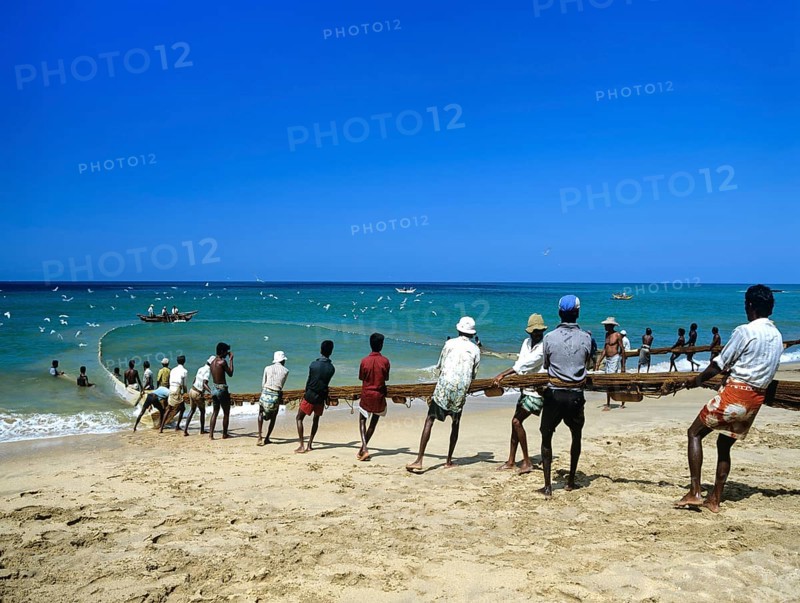 Fishermen pulling a fishing net on to the beach