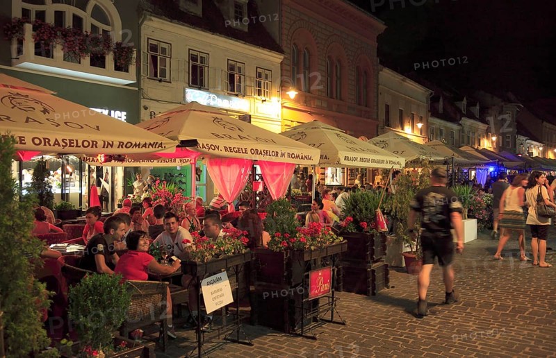 Street cafes in the pedestrian zone of the historic town centre of Brasov