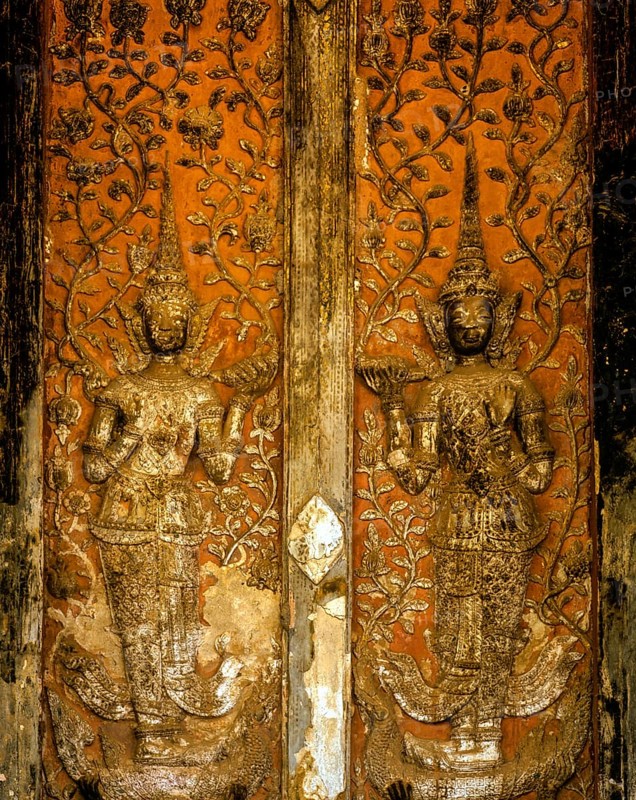 Sculptural decorated entrance door of Wat Si Saket Temple