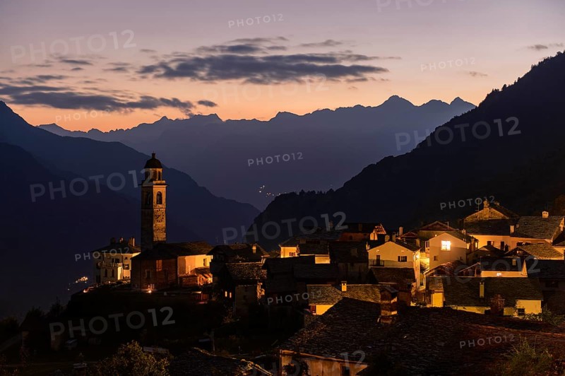 Village with old stone houses at dusk