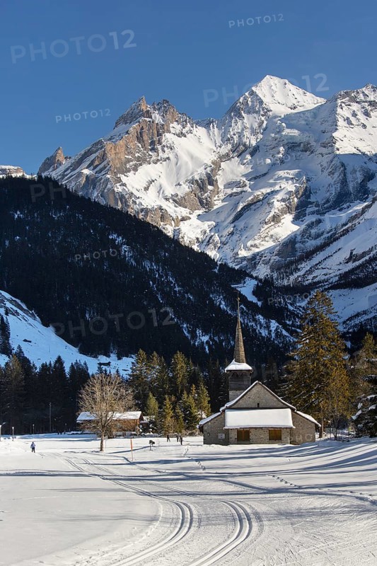 Winter landscape with cross-country skiers