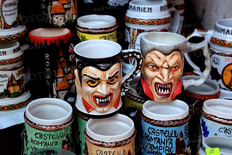 Mugs with Dracula designs in a souvenir shop at Bran Castle