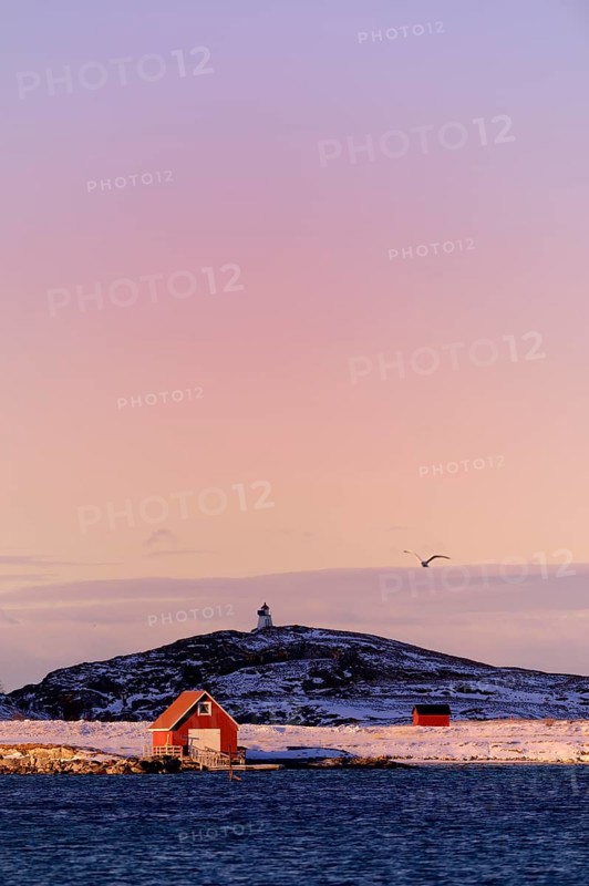 Fisherman's cottage beside a fjord with wintry mountains