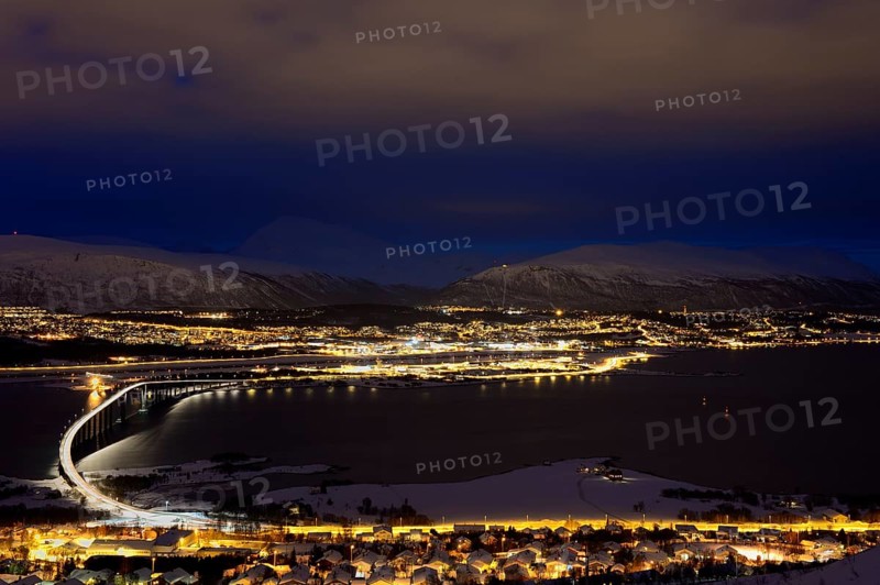 Bridge over fjord at night