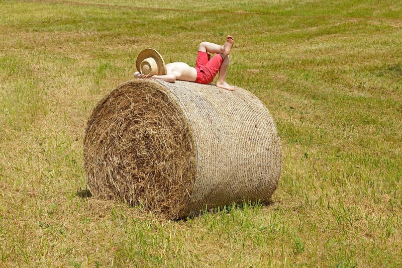 Boy lying on a bale of straw