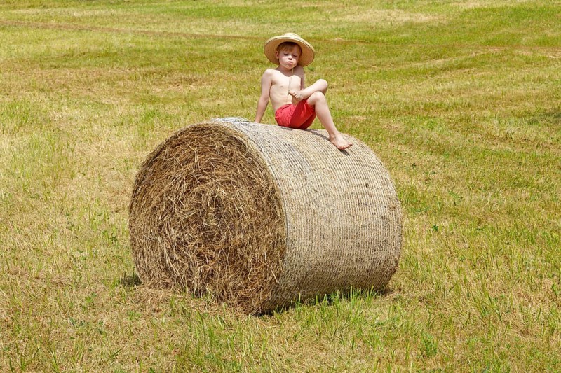 Boy sitting on a bale of straw