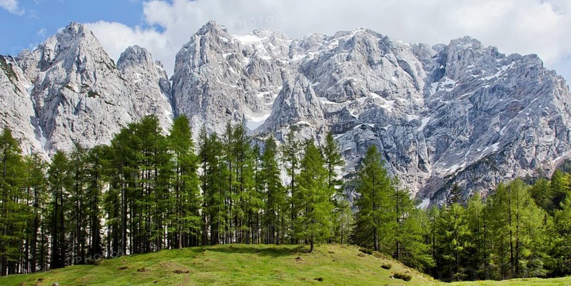 Mountain landscape near the Vrsic Pass with the 2547m high Prisojnik Mountain