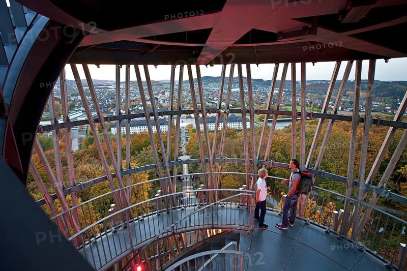 View from the staircase of the Juebergturms tower over Sauerlandpark in autumn and the city center of Hemer