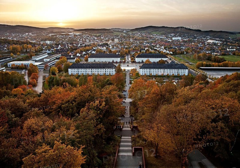 View from Juebergturms tower over Sauerlandpark in autumn and the city center of Hemer