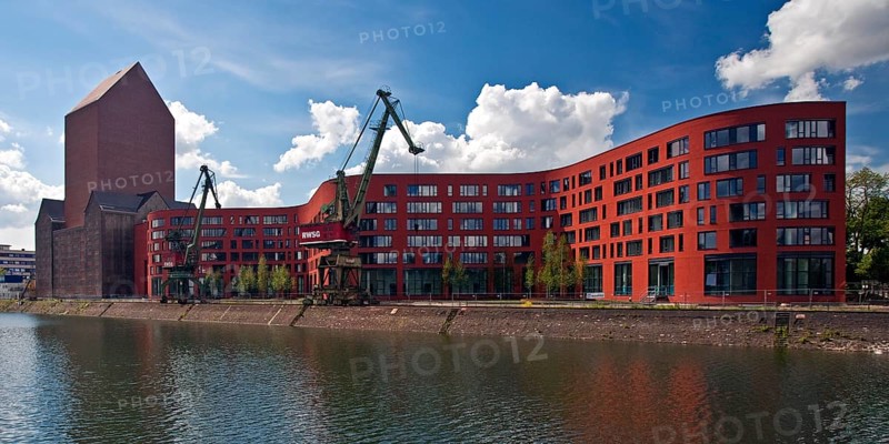 NRW Archive building with two cranes in the inner harbour