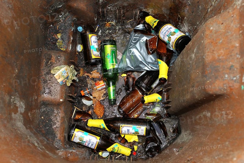 Contents of a rubbish bin after a carnival parade