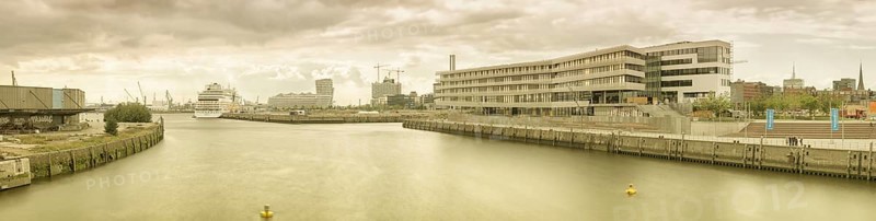 Panoramic view from Baakenhafenbruecke bridge of HafenCity quarter