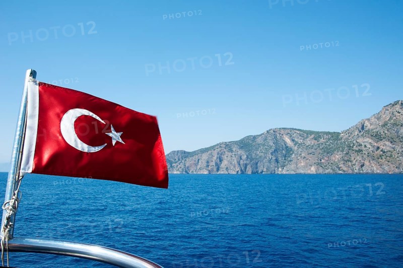 Turkish flag on a cruise ship in the Turkish Aegean Sea