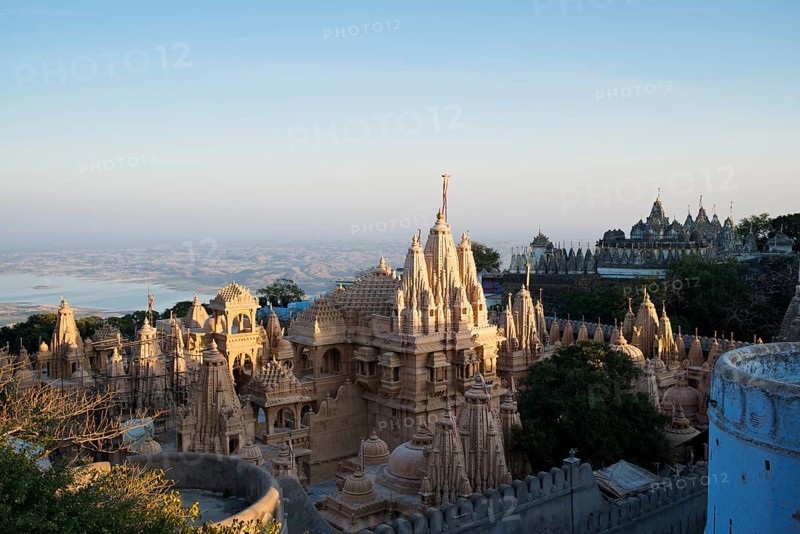 Domes and Shikhara towers at a temple complex on the holy mountain Shatrunjaya