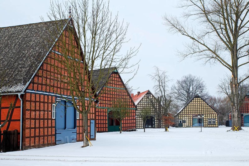Historic Lower Saxon half-timbered houses in rundling village of Satemin