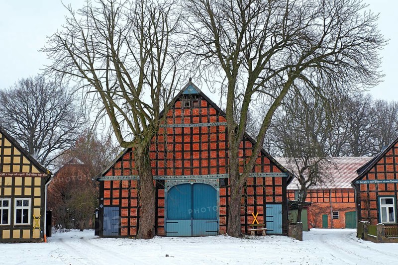 Historic Lower Saxon half-timbered houses in rundling village of Satemin