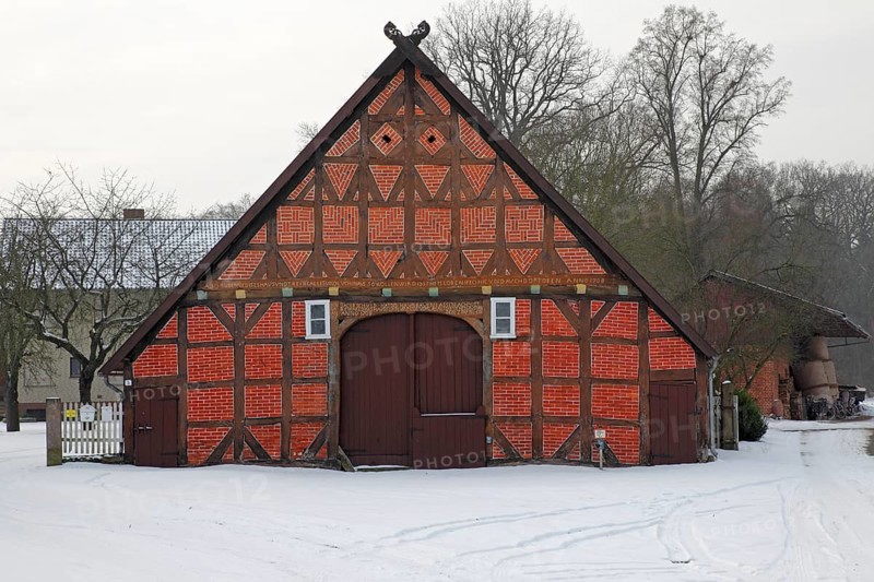 Historic Lower Saxon half-timbered house at rundling village of Breese im Bruche